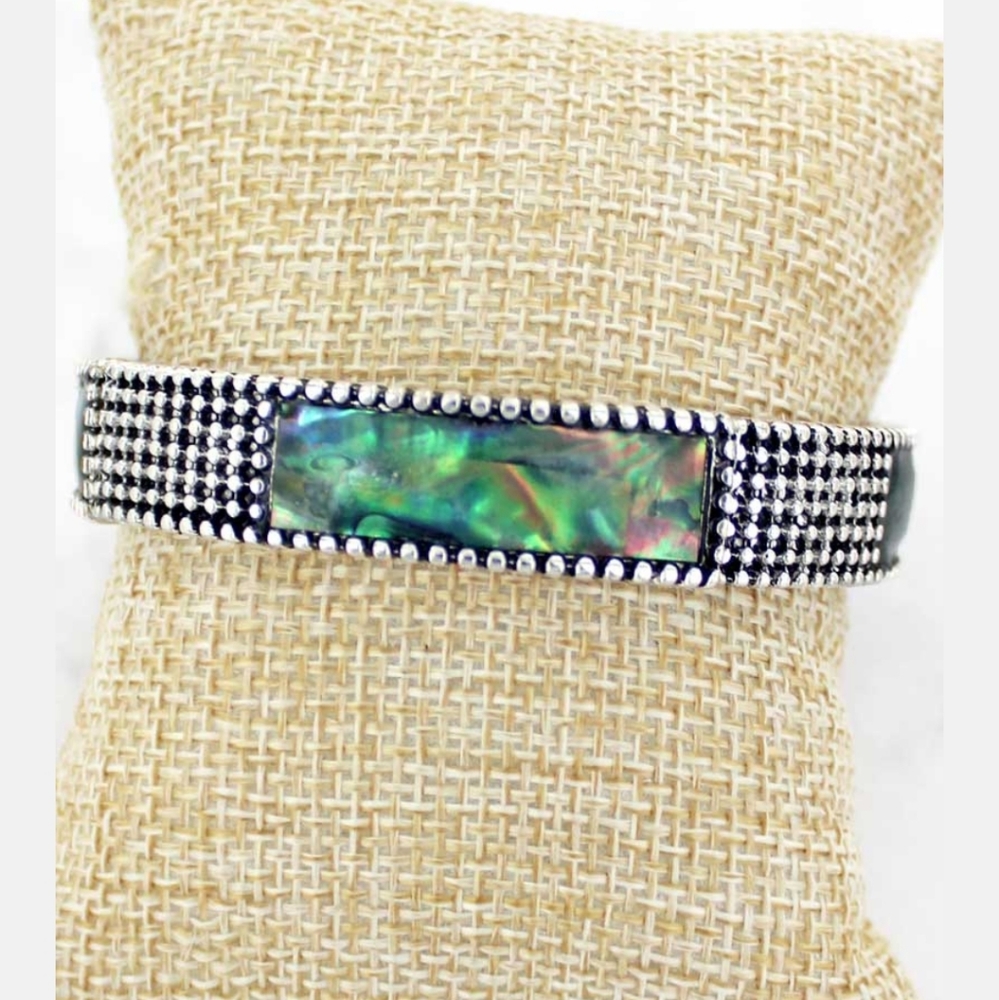 Abalone Bar Silvertone Ball Textured Bracelet